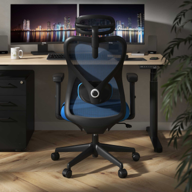 bureaustoel blauw zwarte structuur netstof mesh 1d verstelbare armleuningen lumbale steun hoofdsteun 2