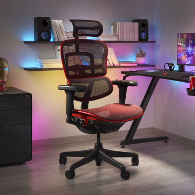 gamestoel rood zwarte structuur gaming netstof mesh 5d verstelbare armleuningen lumbale steun hoofdsteun 2