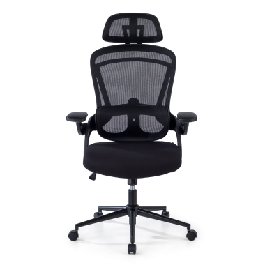 ergonomische bureaustoel zwart optima netstof mesh opklapbare armleuningen dubbele lumbale steun hoofdsteun 3